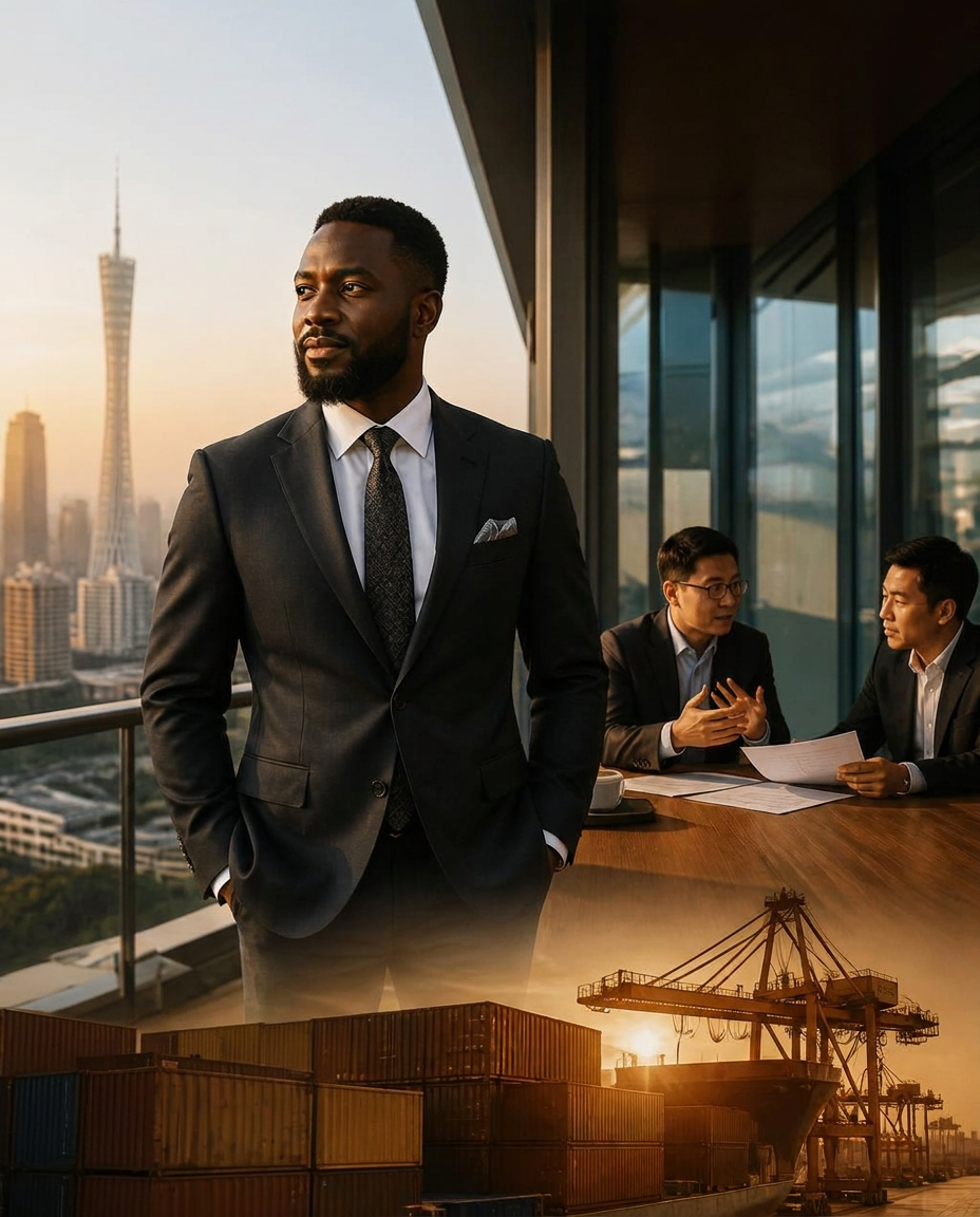 Nigerian entrepreneur in Guangzhou with Chinese business partners and container port